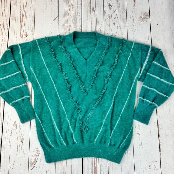 Sweaters - Vintage Teal Green Angora Fringe V-Neck Sweater Pinstripe Knit Pullover